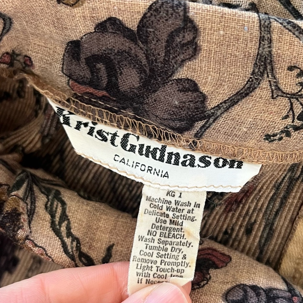 Vintage Linen Floral Skirt High Waist Knife Pleat Midi Flower Print Tan Beige M - Picture 6 of 6